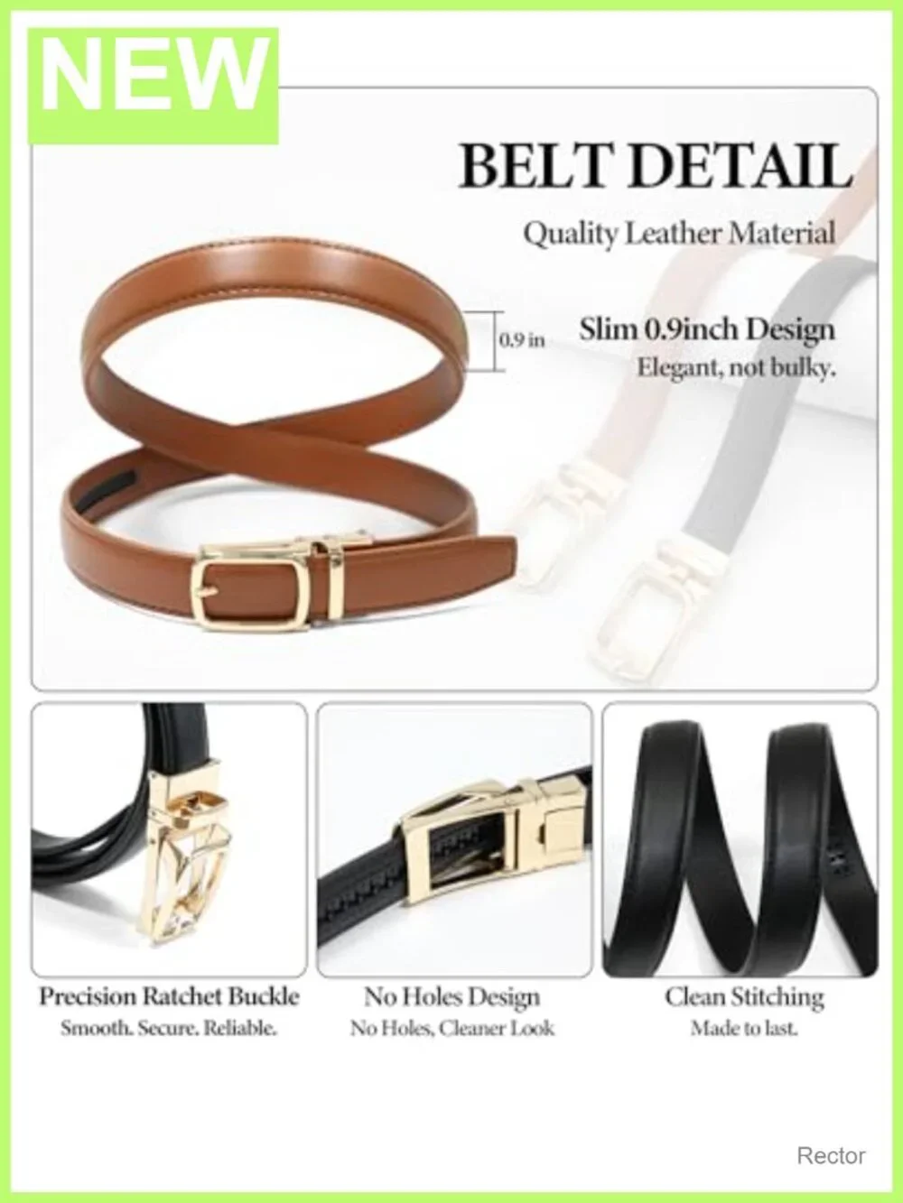 Women's Skinny Ratchet Leather Belts 2 Pack No Hole Adjustable
